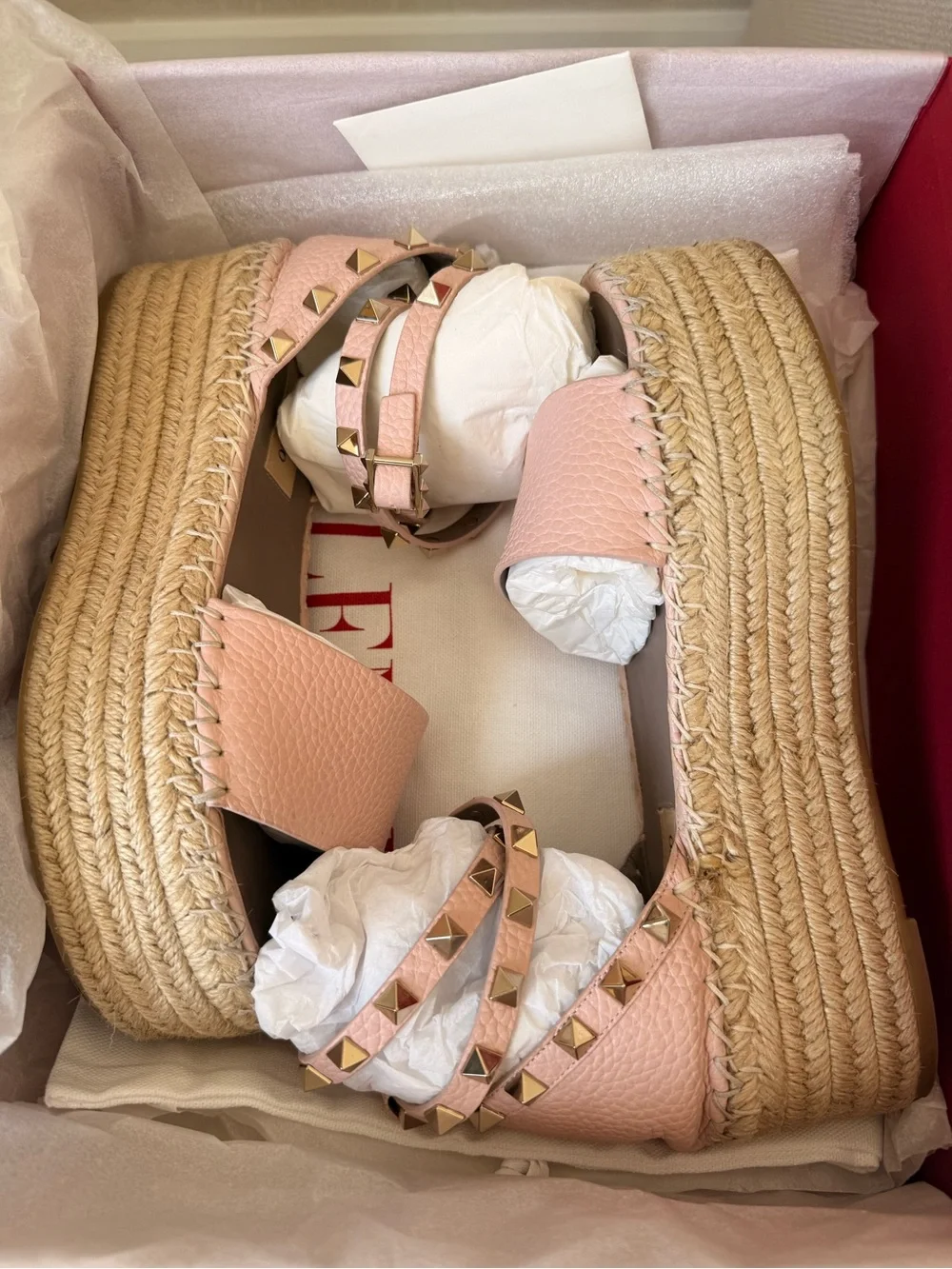 Valentino Garavani Blush Pink Studded Espadrille Platform Sandal